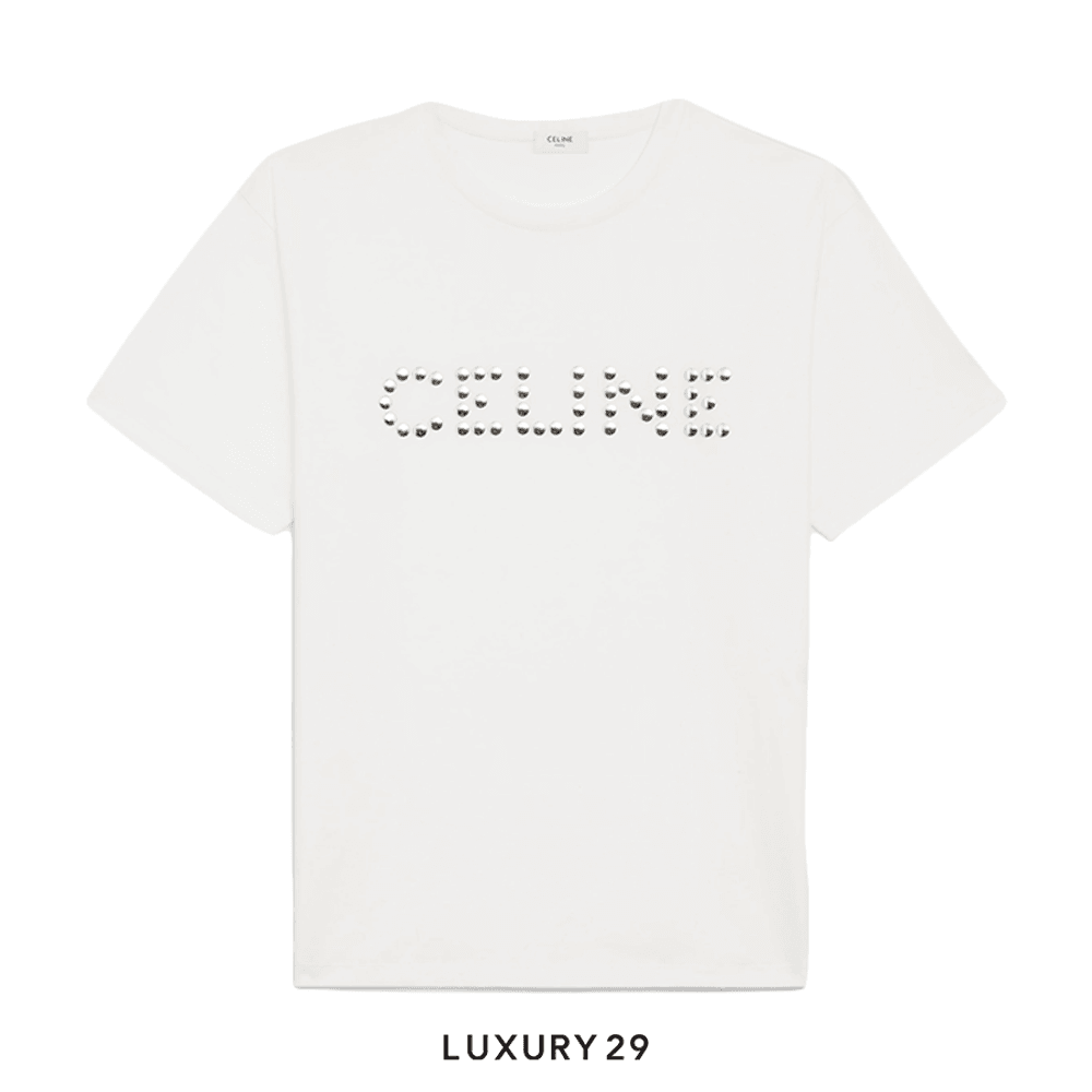 CELINE STUDS LOOSE T-SHIRT IN COTTON JERSEY WHITE/ SILVER(M, White)
