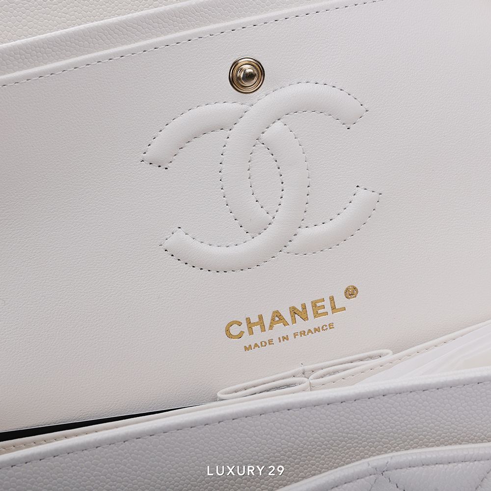 Chanel Small Classic Double Flap Bag White Caviar Light Gold Hardware(Small, White)