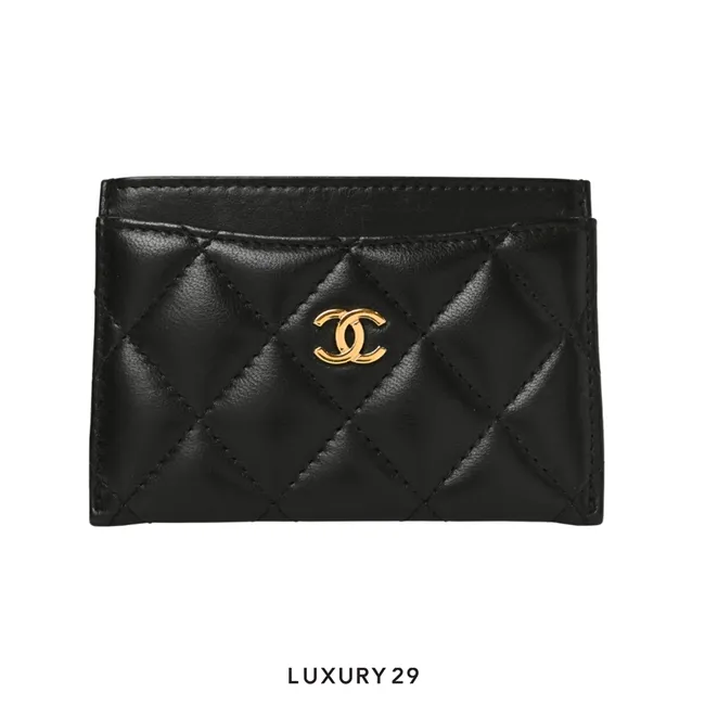 Chanel Lambskin Quilted Card Holder Black Gold Tone