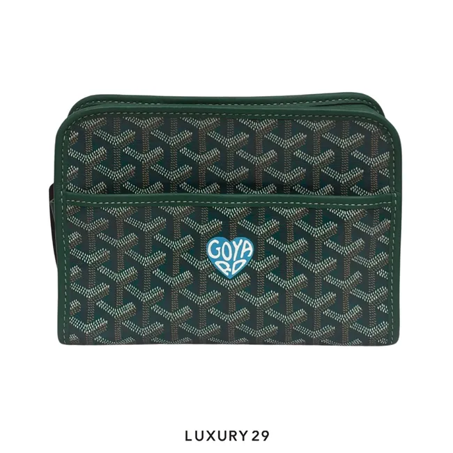 Goyard Jouvence PM Toiletry Bag Green Hand-Painted Heart Turquoise Blue