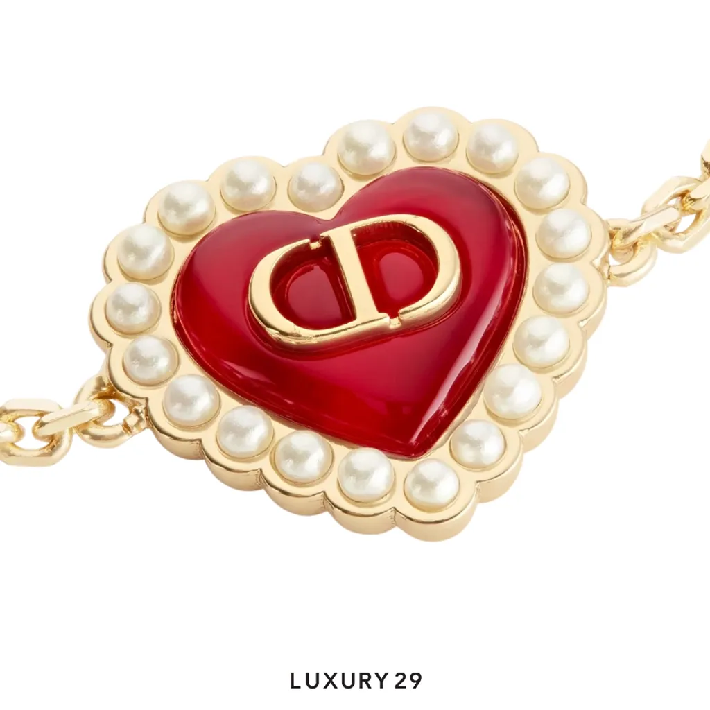 Dior Petit CD Baroque Bracelet Gold-Finish Metal with White Resin Pearls and Red Glass(Free Size, Gold)