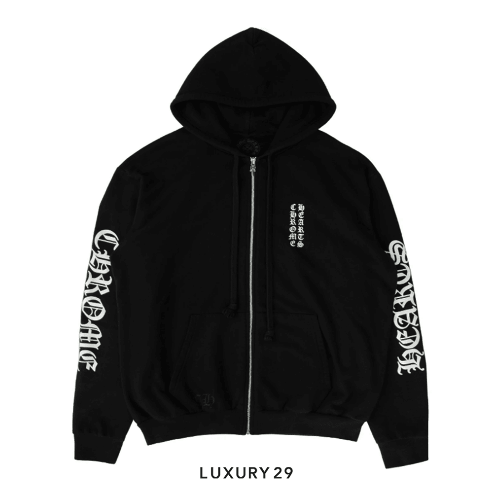 Chrome Hearts Eye Chart Logo Thermal Zip Up Hoodie Black/White(2XL, Black)