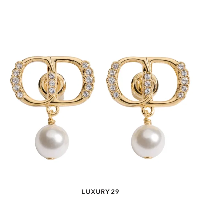 Dior CD Parure earrings Gold-finish metal, white resin pearls, and crystals