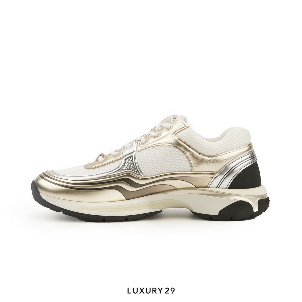 Chanel Trainers Fabric & Laminated Gold(44, Gold)