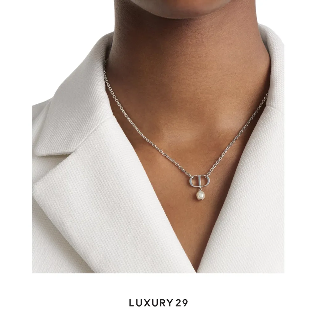 Dior Petit CD Necklace Silver-Finish Metal with White Resin