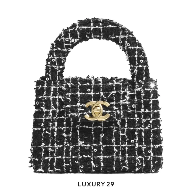 Chanel Micro Shopping bag Embroidered Tweed Black&White Gold Hardware