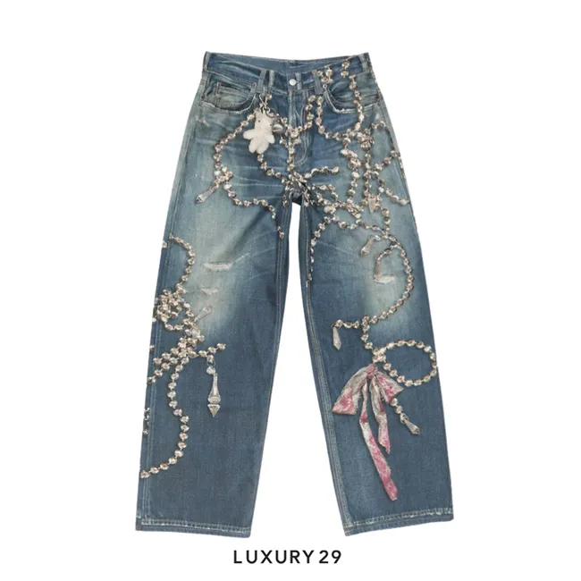 Acne Studios Loose fit jeans - 1981 print of crystals and bows Mid Blue
