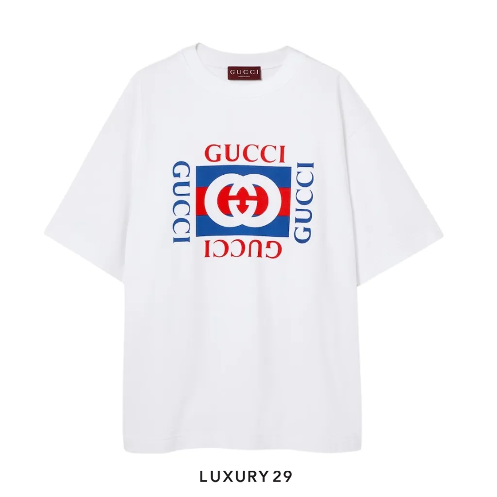 Gucci Cotton jersey T-shirt with Gucci print Gucci Interlocking G striped print White/Blue/Red(M, White)