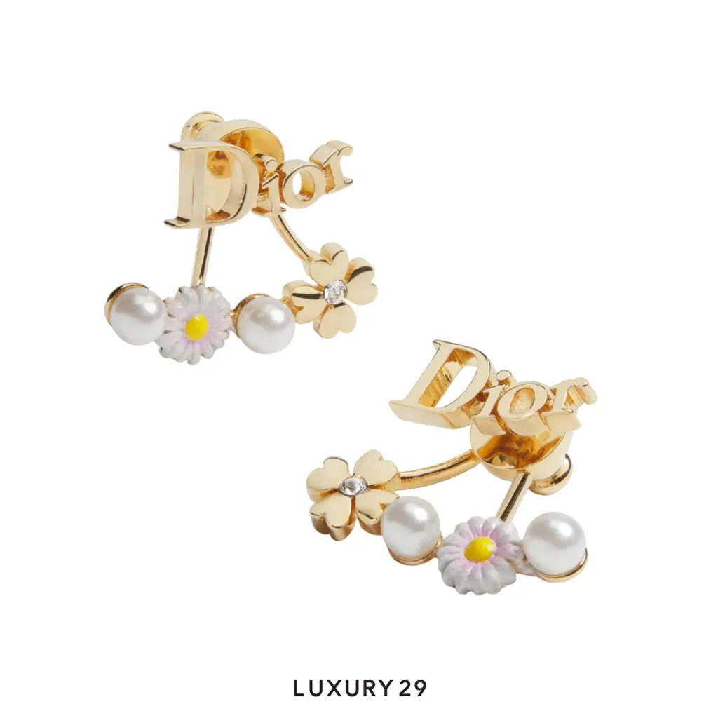 Dior Mini Daisy Earrings Gold-Finish Metal, White Resin Pearls, Crystals and Multicolor Lacquer(Free Size, Gold)