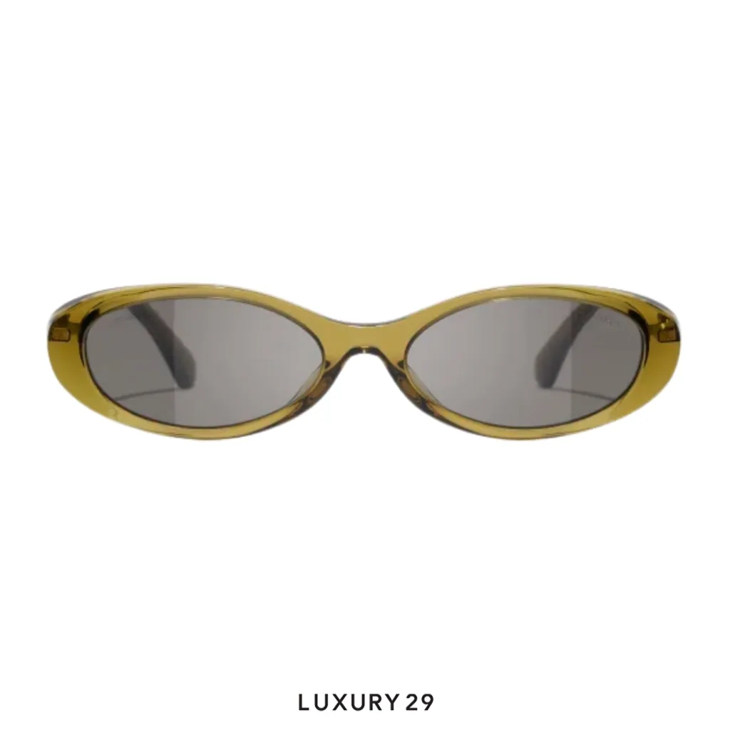 Chanel New Oval Sunglasses Frame: Acetate & Metal, Olive Lenses: Dark Brown(Free Size, Green)