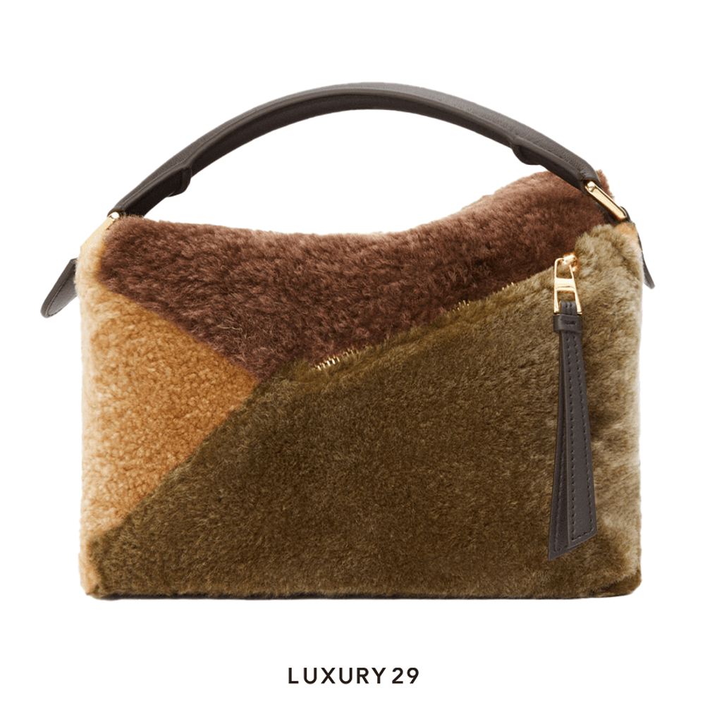 Loewe Small Puzzle Bag in Shearling Multicolor(Small, Brown)