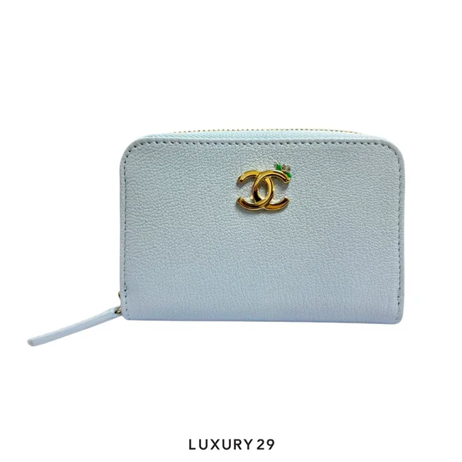 Chanel CC Logo Zip Coin Purse Grained Goatskin Leather Light Blue