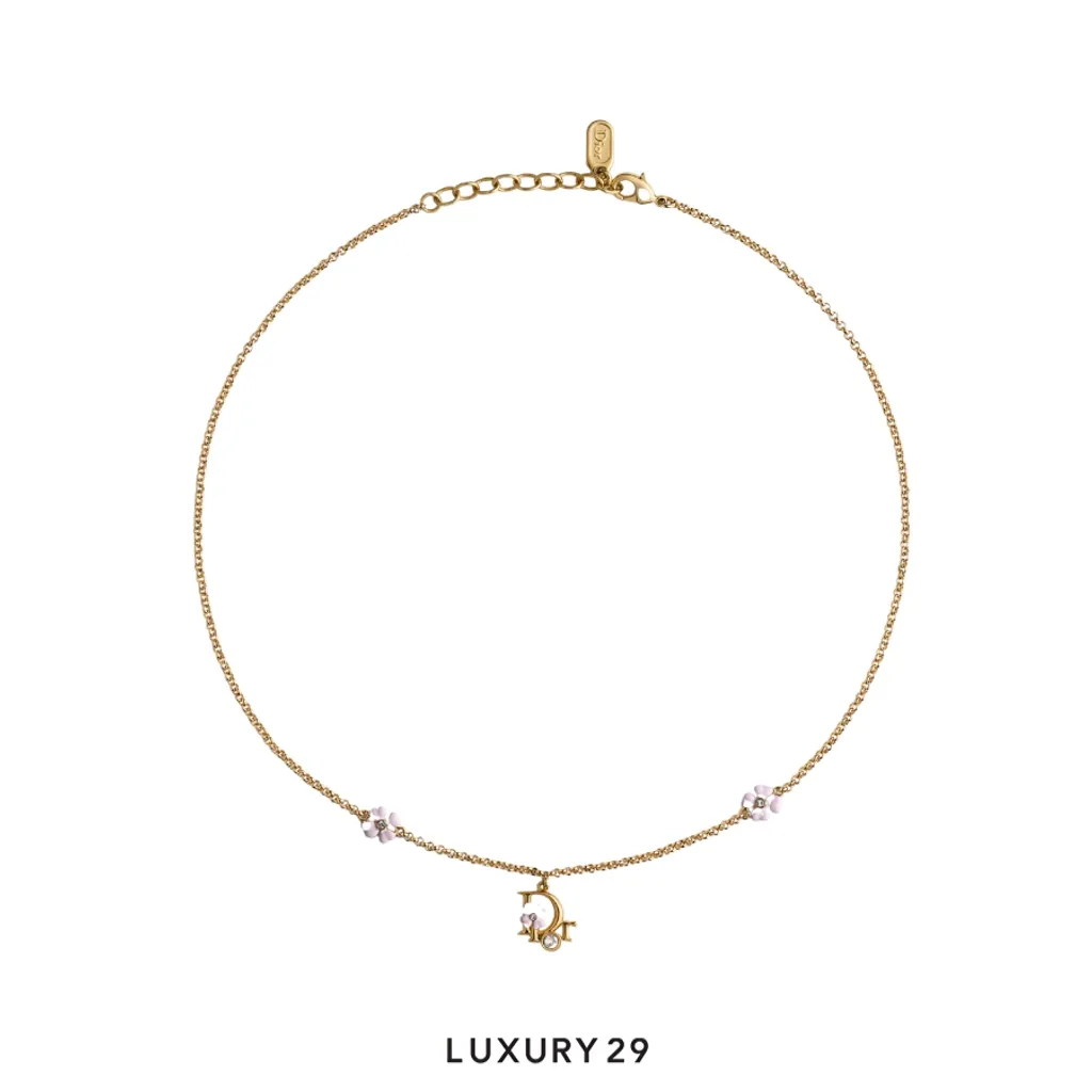 Dior Precious Clover Necklace Gold-plated metal, crystals, and pink enamel(Free Size, Gold)