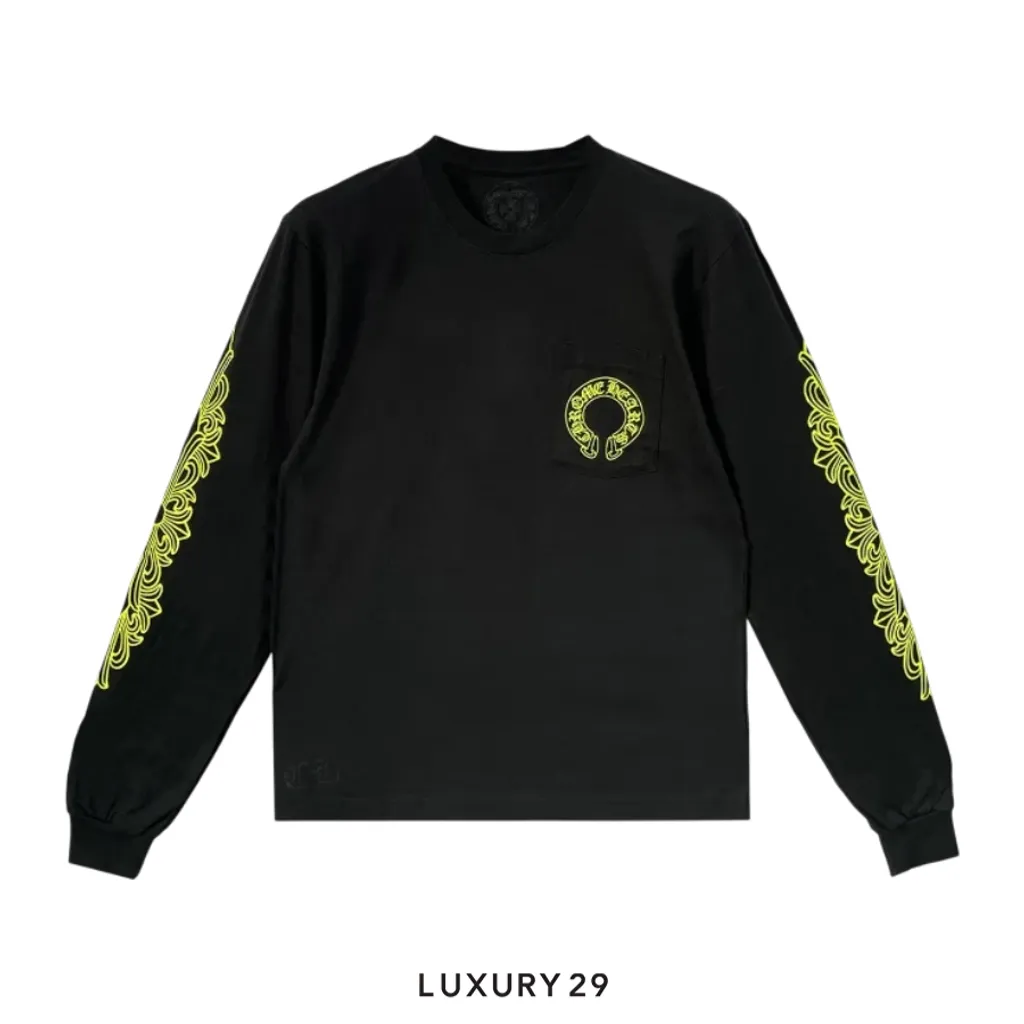 Chrome Hearts Neon Yellow Horseshoe Pocket  Long Sleeve T-Shirt Black(S, Black)