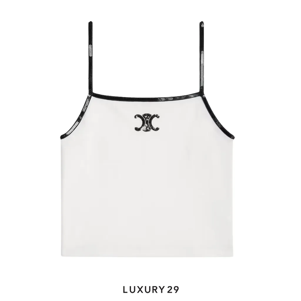 Celine Embroidered Triomphe Tank Top In Cotton Jersey Off White Black(M, White)