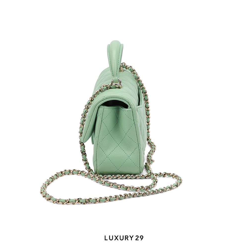 Chanel Mini Flap Bag Top Handle Lambskin Mint Green Champagne Hardware(Mini, Green)