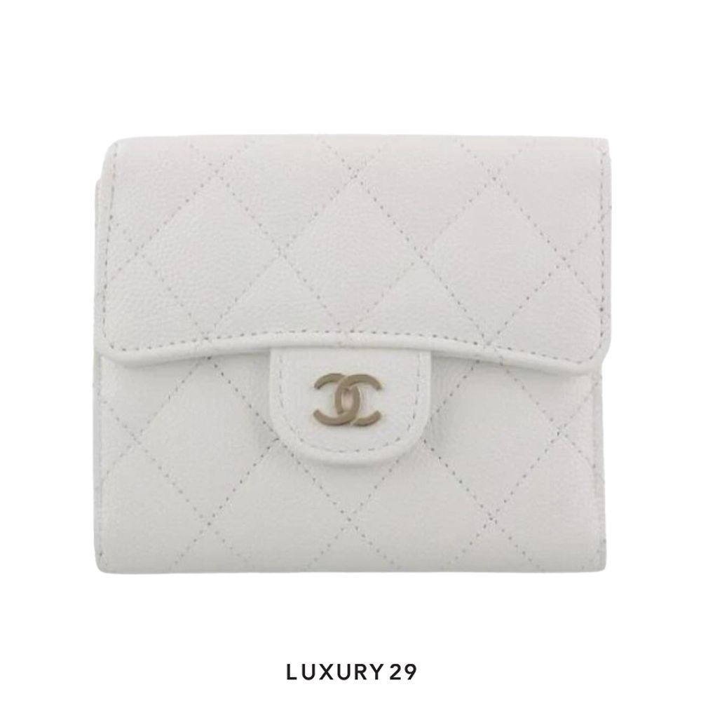 Chanel Classic Small Flap Wallet In Grained Shiny Calfskin With Gold White Hardware(Small, White)