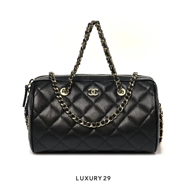 Chanel Caviar Quilted Barrel Clutch With Chain Black