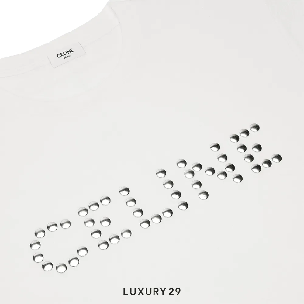 CELINE STUDS LOOSE T-SHIRT IN COTTON JERSEY WHITE/ SILVER(M, White)