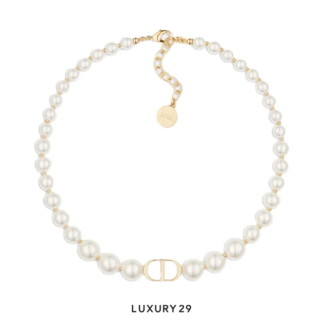 Dior 30 Montaigne Short Necklace Gold-Finish Metal and White Resin Pearls
