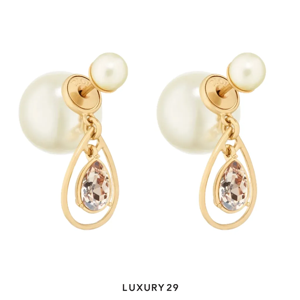 Dior Tribales Earrings Gold-Finish Metal with White Resin Pearls and Champagne Crystals(Free Size, White)