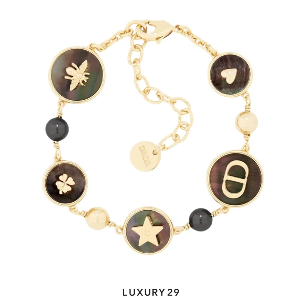 Dior D-Luck Bracelet Gold-Finish Metal, Deep Gray Resin Pearls and Tahiti Mother-of-Pearl(Free Size, Gold)
