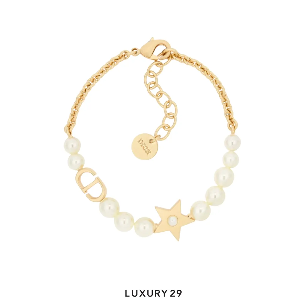 Dior Lucky Dior Bracelet Gold-Finish Metal and White Resin Pearls(Free Size, Gold)
