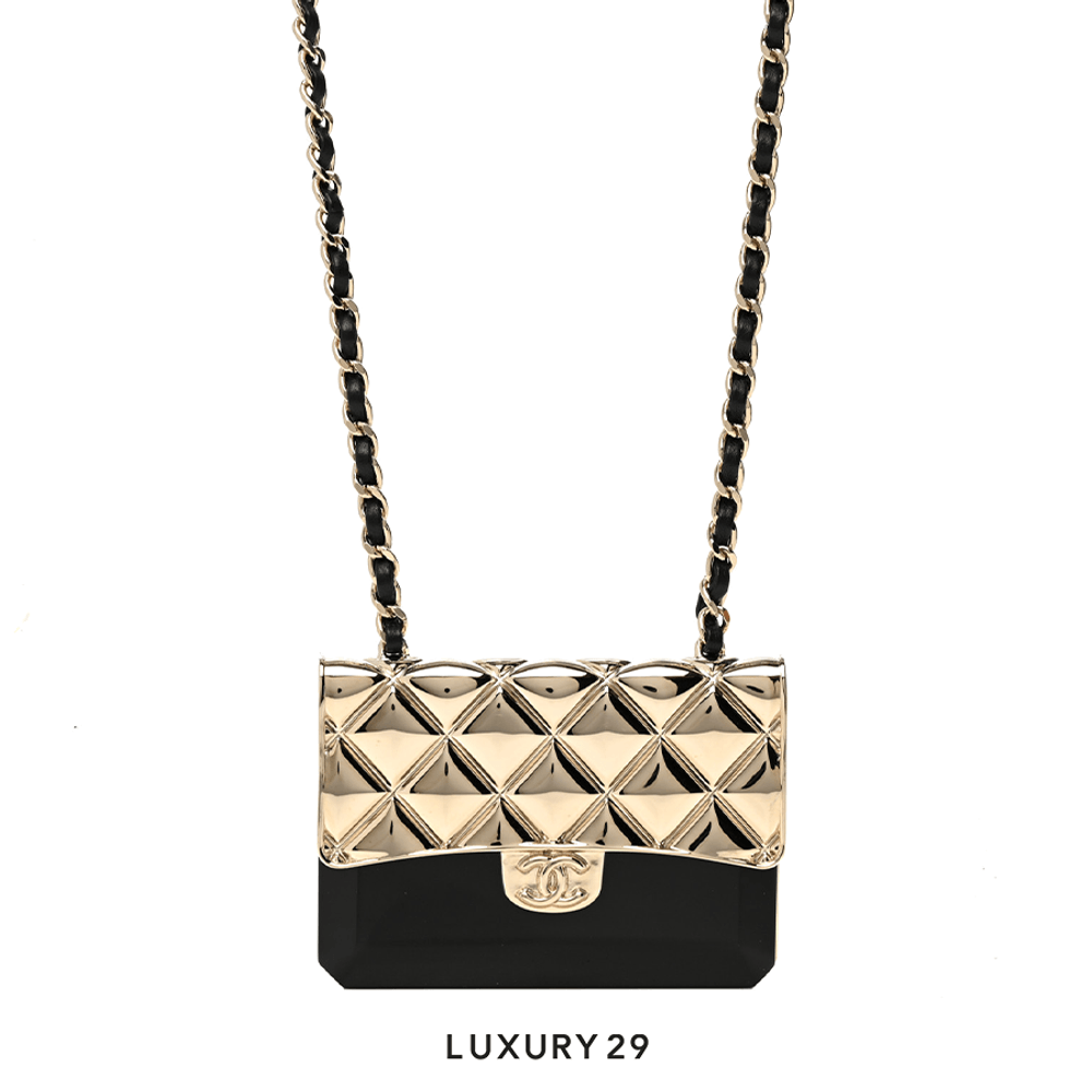 Chanel Metal Resin Lambskin Flap Bag Long Necklace Gold Black(Free Size, Gold)