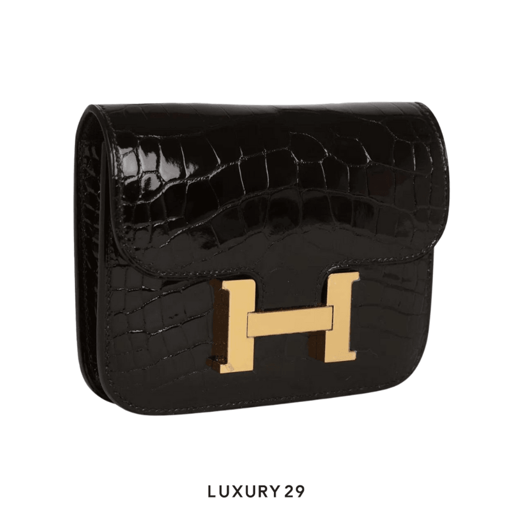 Hermes Constance Slim Wallet Shiny Black Alligator Gold Hardware / B Stamp (2023)(Small, Black)