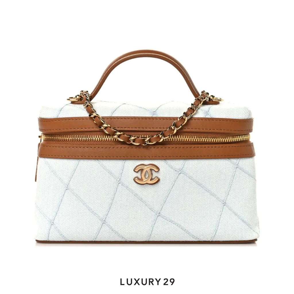 Chanel Washed Denim Calfskin Quilted Top Handle Slim Vanity Case With Chain Blue Brown(Small, Blue)