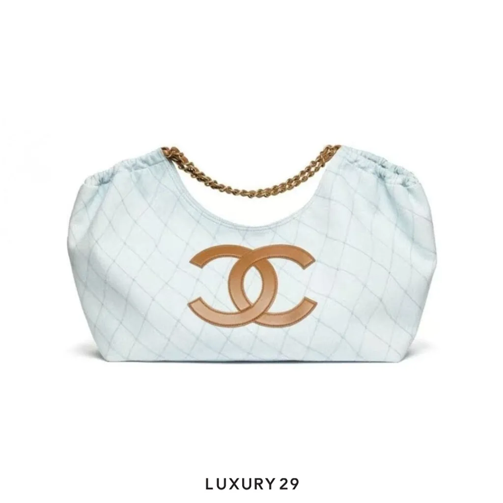 Chanel Coco Beach Small Tote Denim, Calfskin & Metal Baby blue jeans & Brown(Small, Blue)