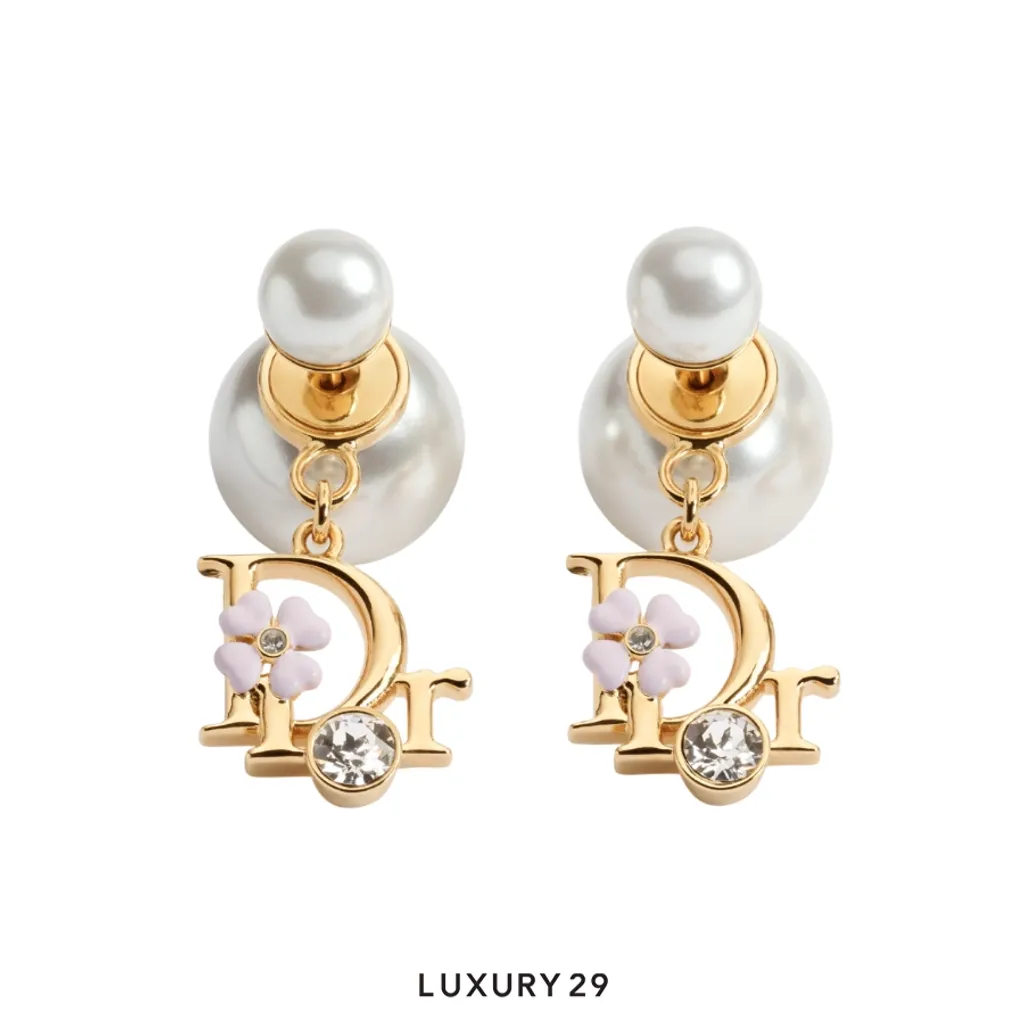 Dior Tribales Earrings Gold-plated metal, white resin pearls, crystals, and pink enamel work(Free Size, Gold)