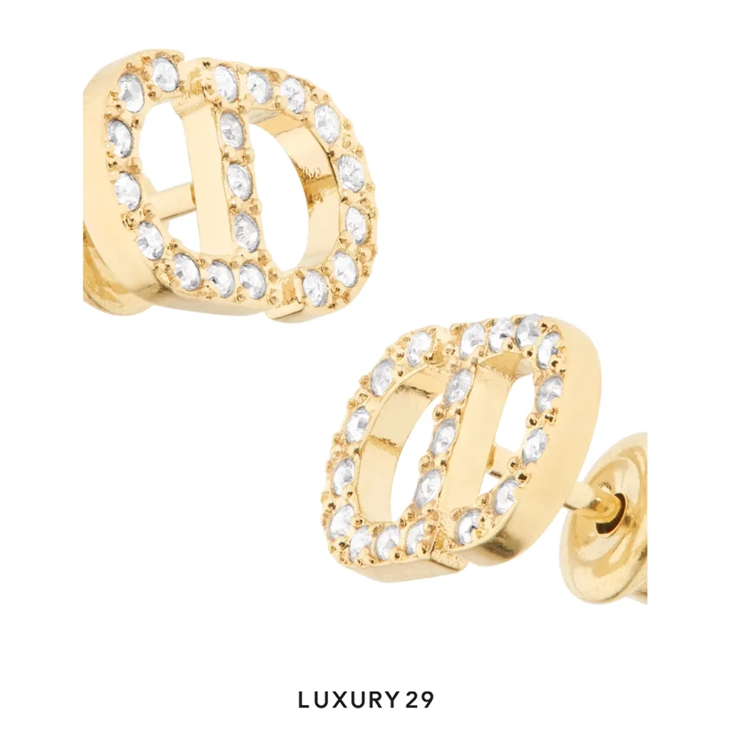 Dior Mini Petit CD Stud Earrings Gold-Finish Metal with White Crystals(Mini, Gold)