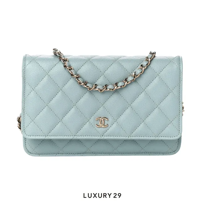 Chanel Wallet On Chain WOC In Grained Calfskin With Light Gold-Tone Metal Light Blue
