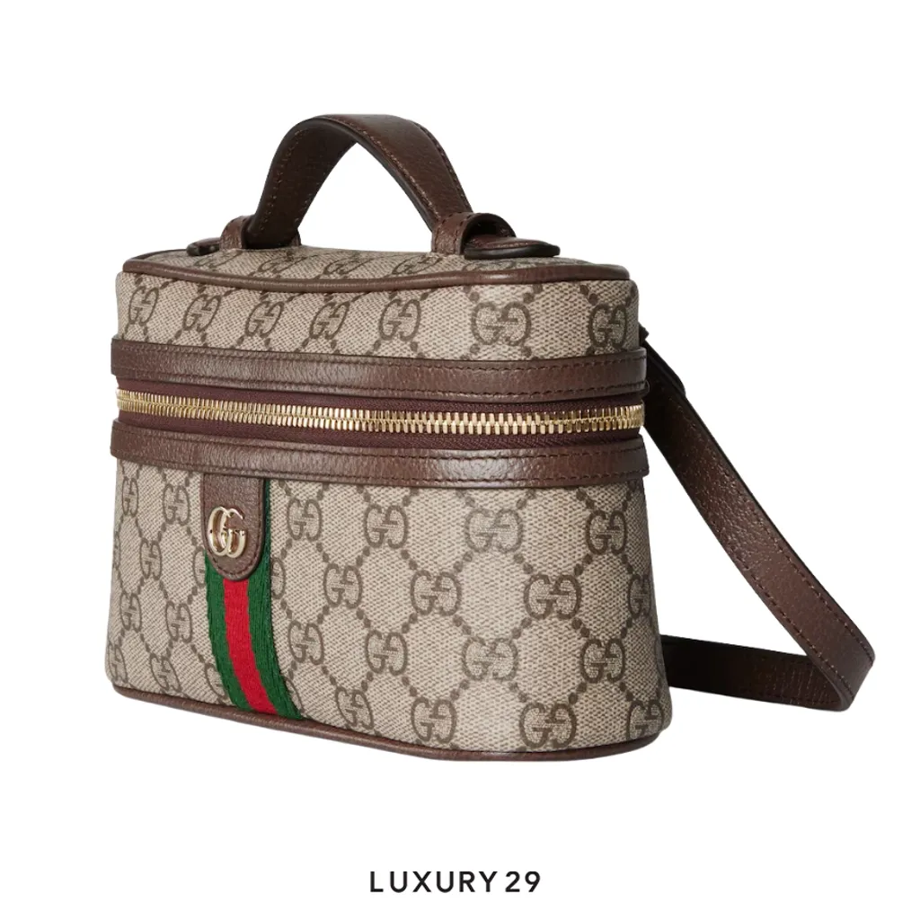 Gucci Ophidia small vanity bag Beige and dark brown GG Monogram coated fabric Brown(Small, Brown)