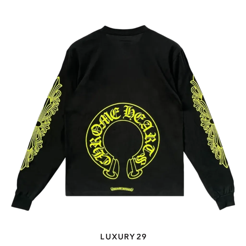 Chrome Hearts Neon Yellow Horseshoe Pocket  Long Sleeve T-Shirt Black(S, Black)