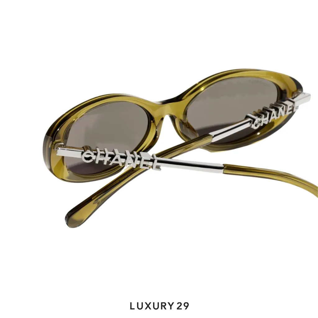 Chanel New Oval Sunglasses Frame: Acetate & Metal, Olive Lenses: Dark Brown(Free Size, Green)