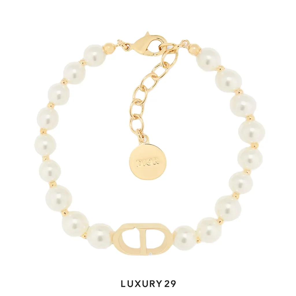 Dior 30 Montaigne Bracelet Gold-Finish Metal and White Resin Pearls(Small, White)