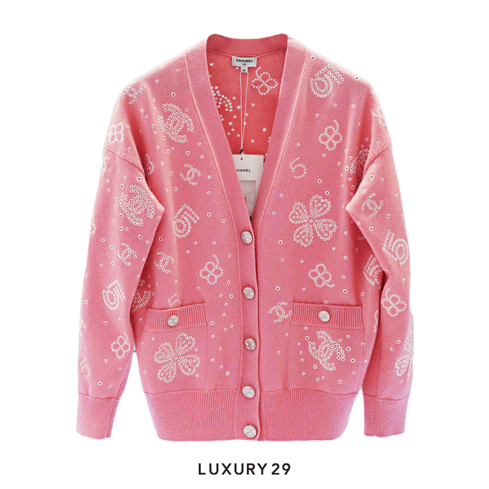 Chanel CARDIGAN Cashmere Pink & White(L, Pink)