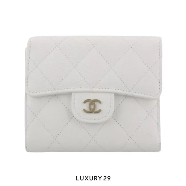 Chanel Classic Small Flap Wallet In Grained Shiny Calfskin With Gold White Hardware