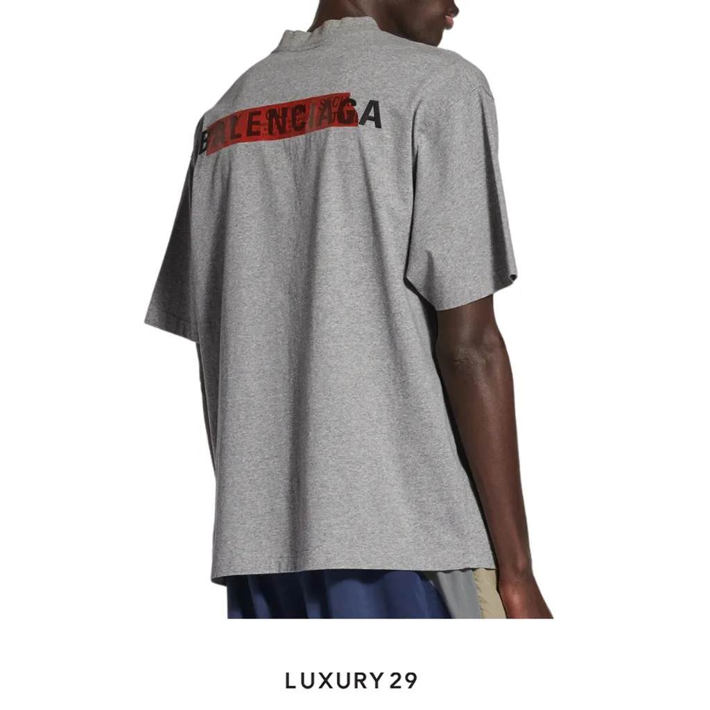 Balenciaga Men's Taped Balenciaga Back T-shirt Medium Fit in Heather Grey/black/red(XS, Grey)