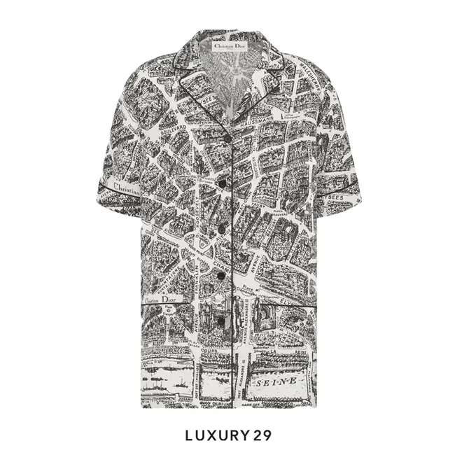 Dior Short-Sleeved Shirt White and Black Silk Twill with Plan de Paris Motif