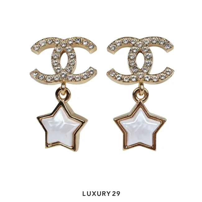 Chanel Crystal and Pearl CC Star Dangle Earrings Gold Hardware