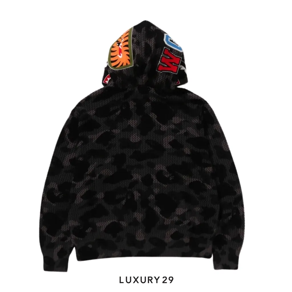 A Bathing Ape COLOR CAMO CROCHET RELAXED FIT SHARK FULL ZIP HOODIE Black(XL, Black)