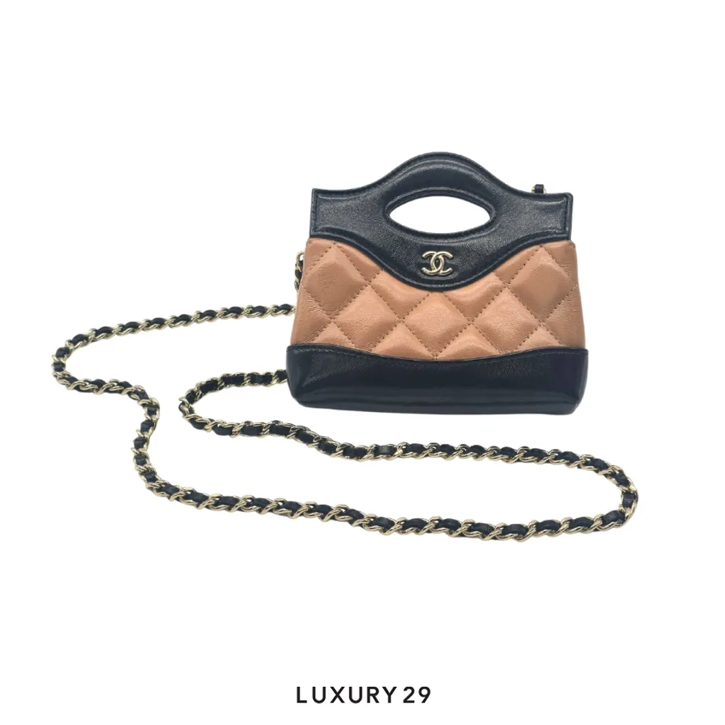 Chanel 31 Micro Shopping Bag Shiny Lambskin & Gold-Tone Metal Dark Beige & Black(Micro, Neutrals)