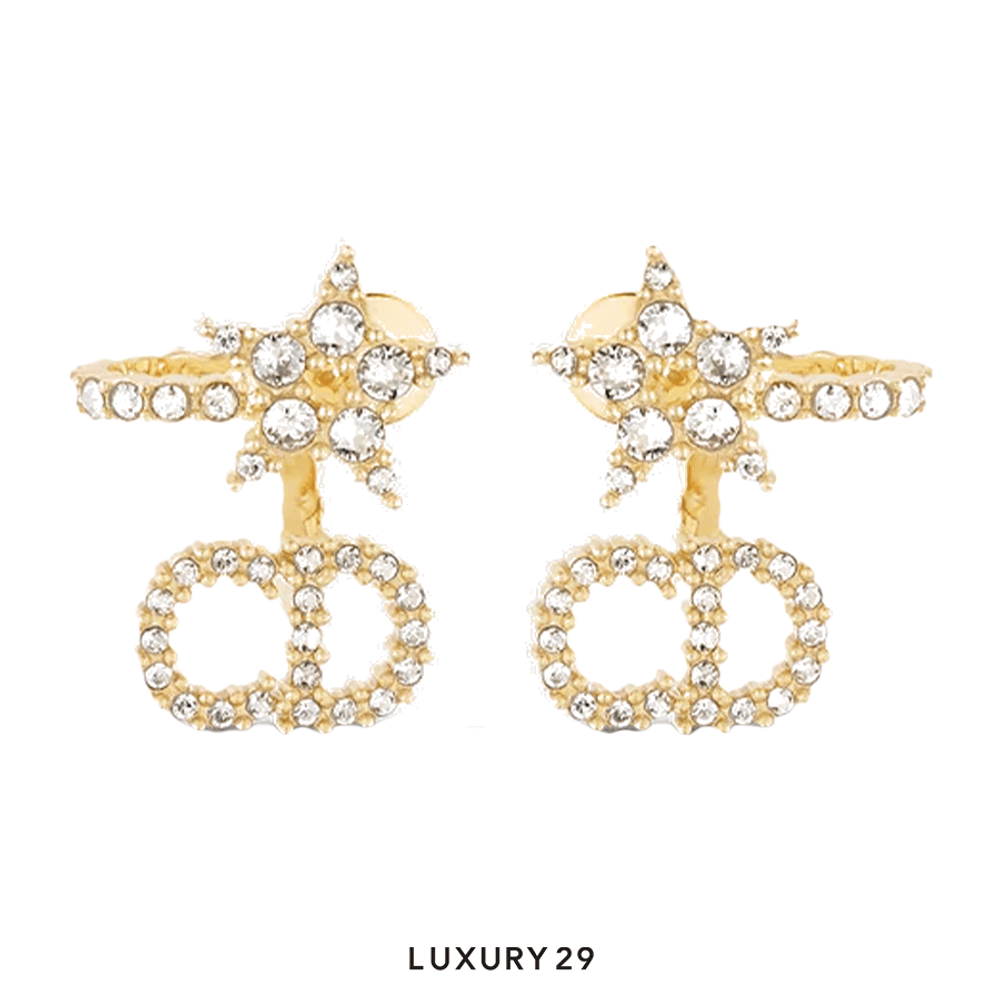 Dior Clair D Lune Earrings Gold-Finish Metal and White Crystals(Free Size, Gold)