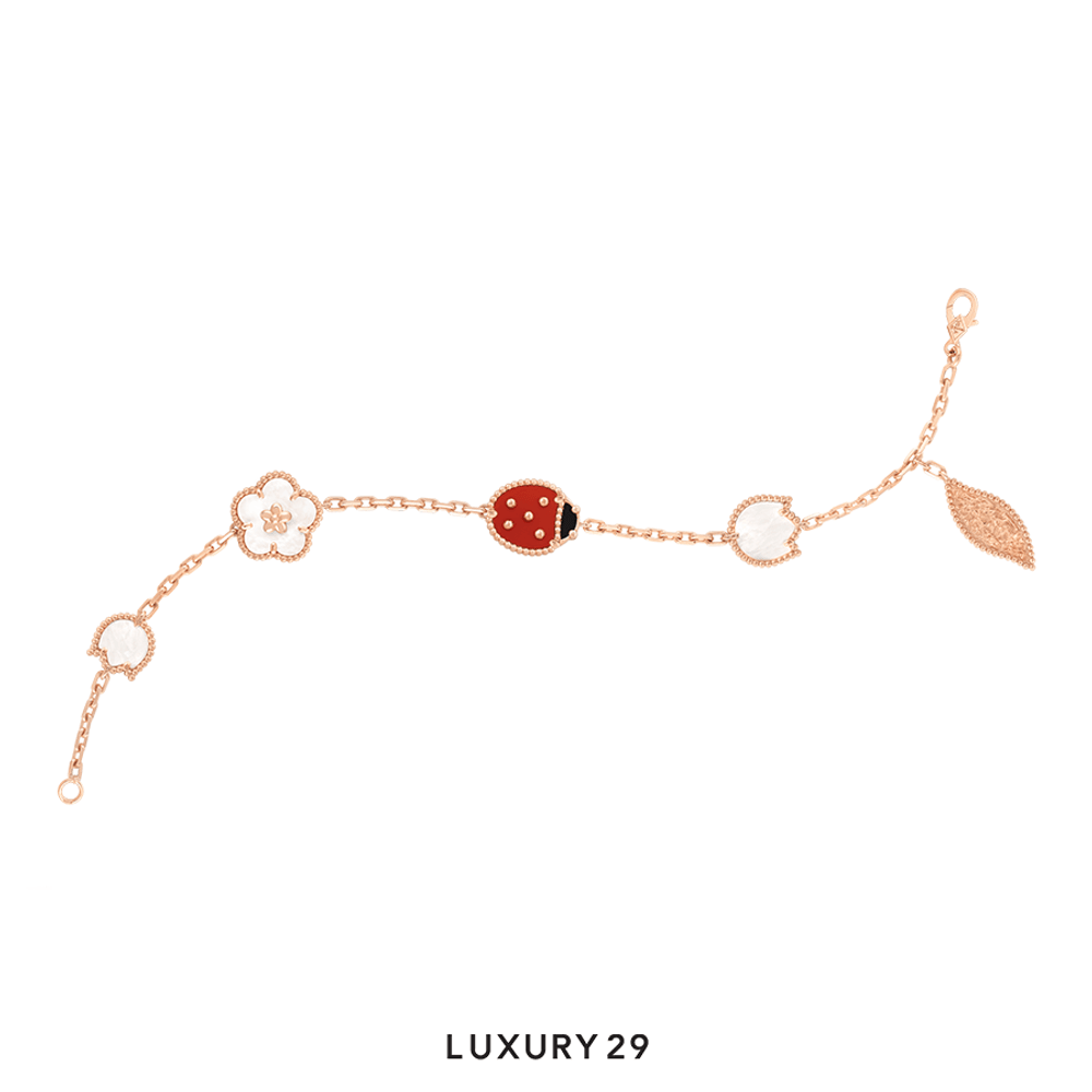 Van Cleef & Arpels Lucky Spring bracelet, 5 motifs 18K rose gold, Carnelian, Mother-of-pearl, Onyx(Free Size, Red)