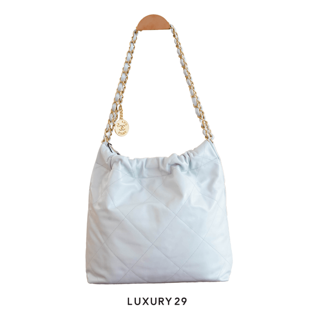 Chanel 22 Mini Handbag Shiny Calfskin & Gold-Tone Light Blue(Small, Blue)