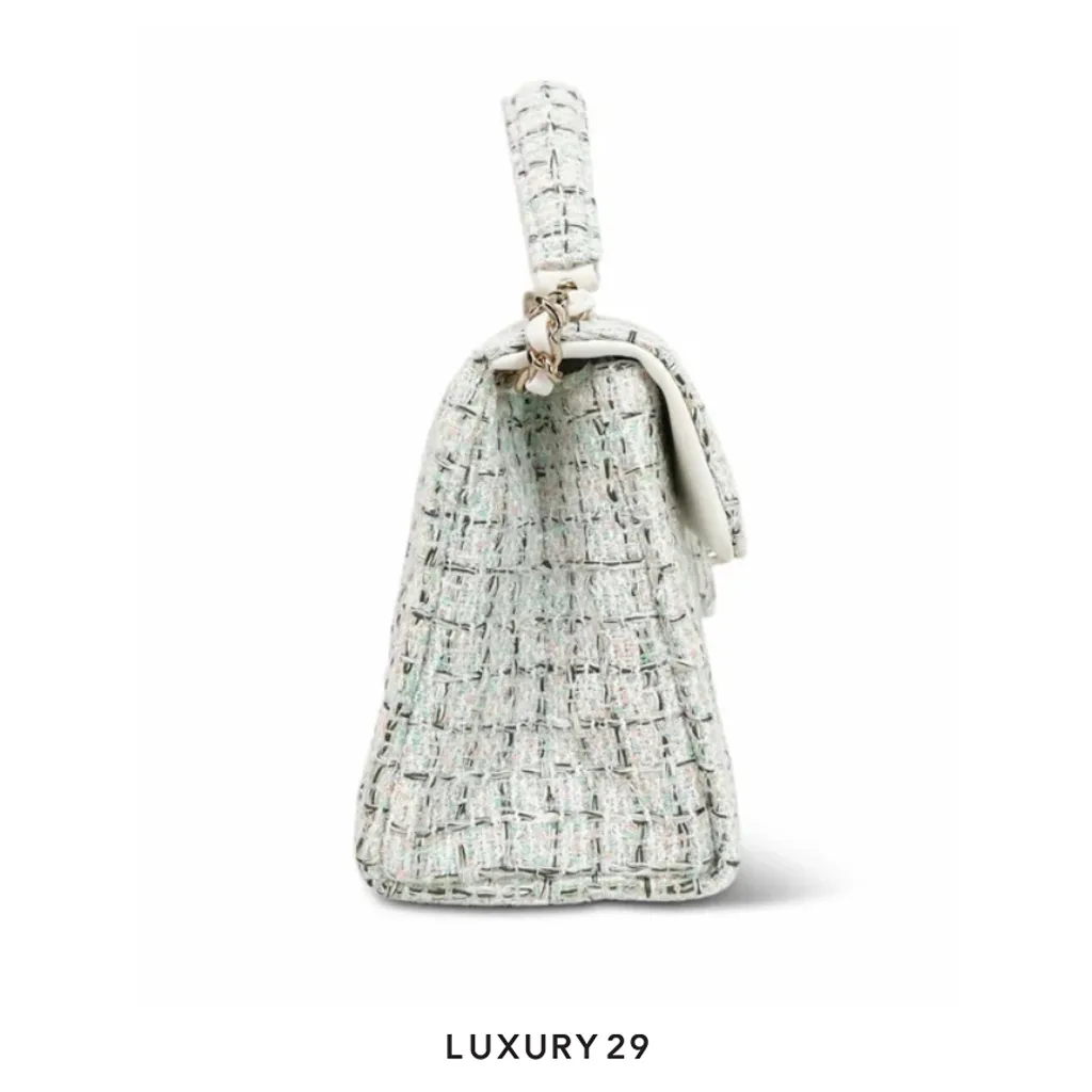 Chanel White/Multicolor Sequin Tweed Quilted Top Handle Flap Bag On Chain(Small, White)