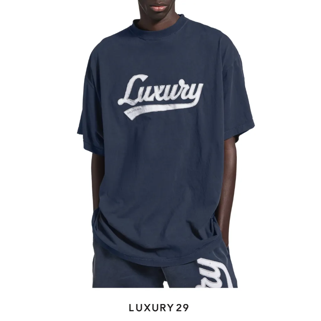 Balenciaga Men's Luxury Script Oversized T-shirt in Washed Navy/white(S, Blue)